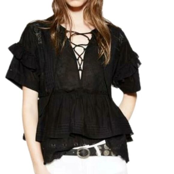 Kooples Blouse Womens XS Black Short Sleeve Ruffle Cotton Embroidery Whimsigoth - Picture 1 of 13